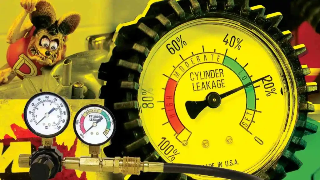 Yellow cylinder leakage test gauge with green, yellow, and red zones, used to perform an accurate engine leakdown test.