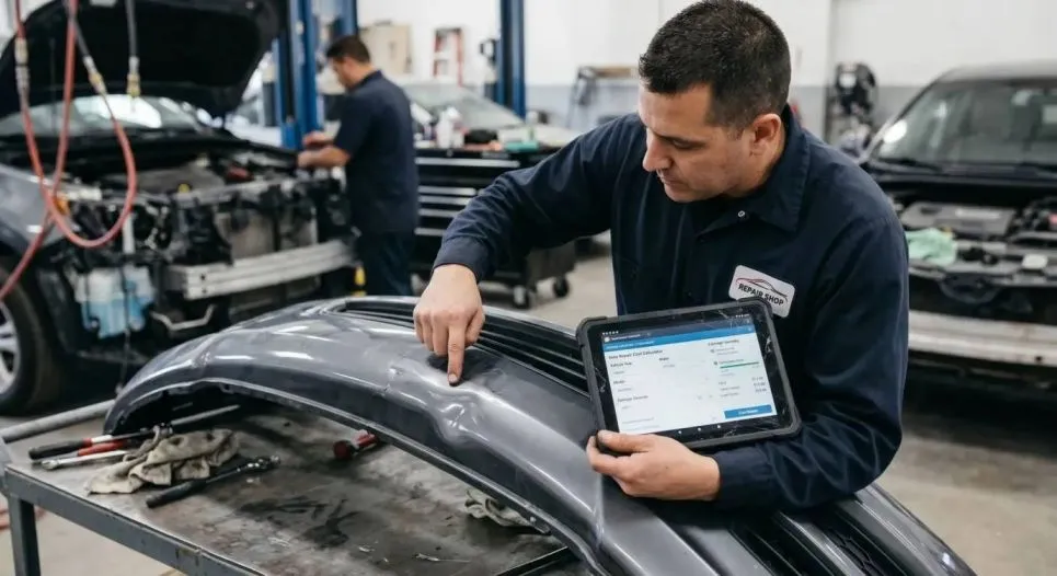 A mechanic using a digital collision repair estimate calculator to assess hidden bumper damage.